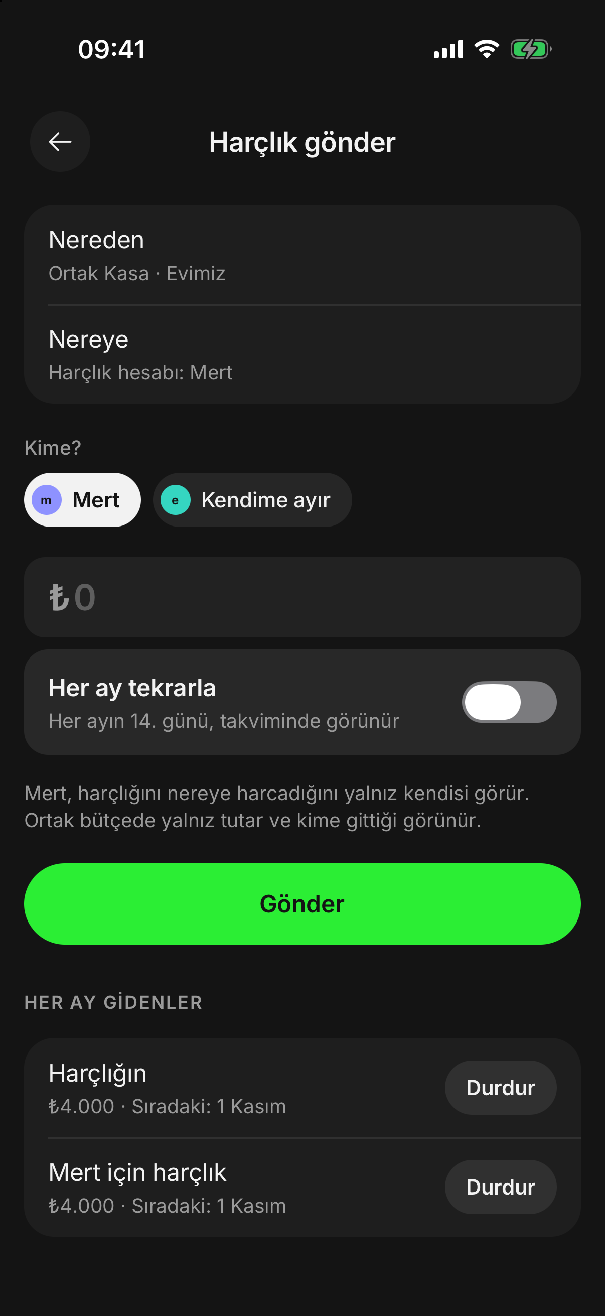finwe’de ortak kasadan harçlık gönderme.