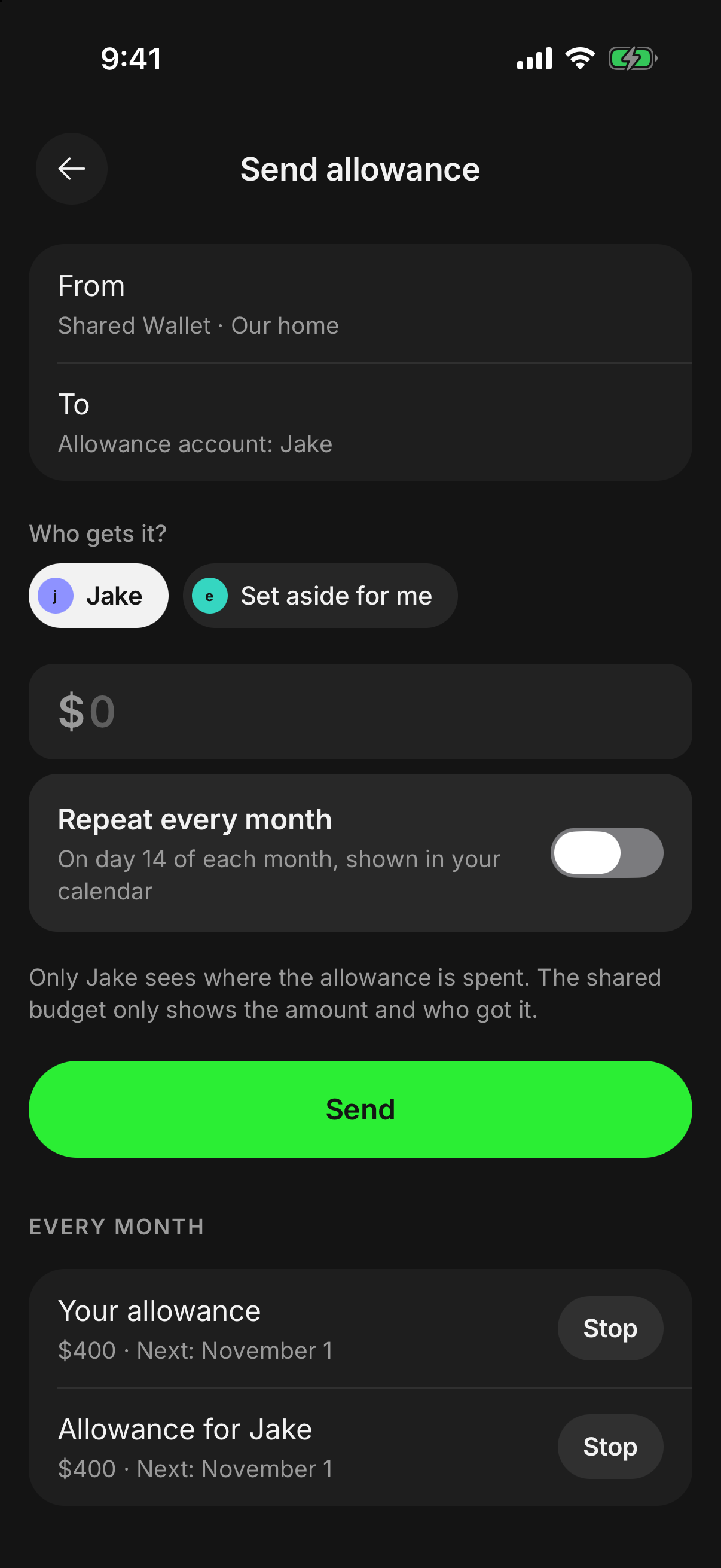 Sending an allowance from the shared pot in finwe.