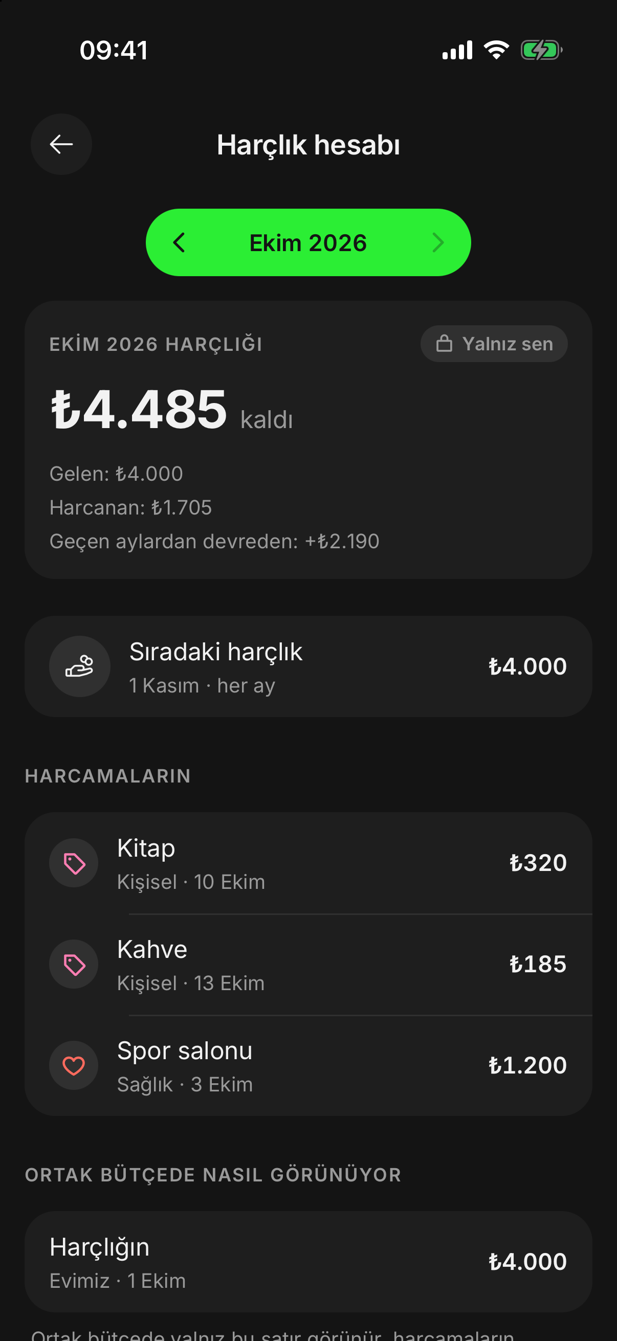 finwe’de kişinin harçlık hesabı: kalanı, harcamaları ve ortak bütçede nasıl göründüğü.