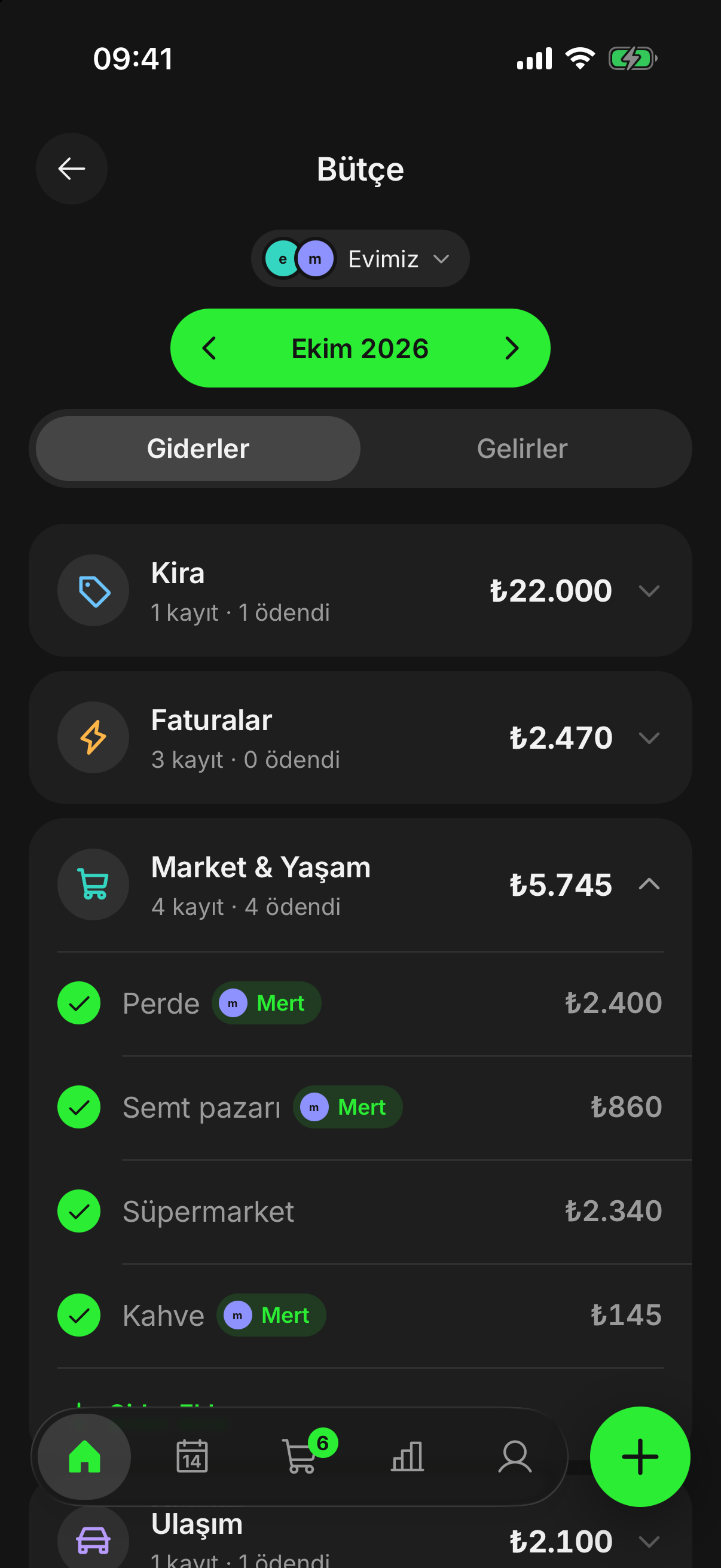 finwe’de kategorilere göre planlanmış ortak bütçe.