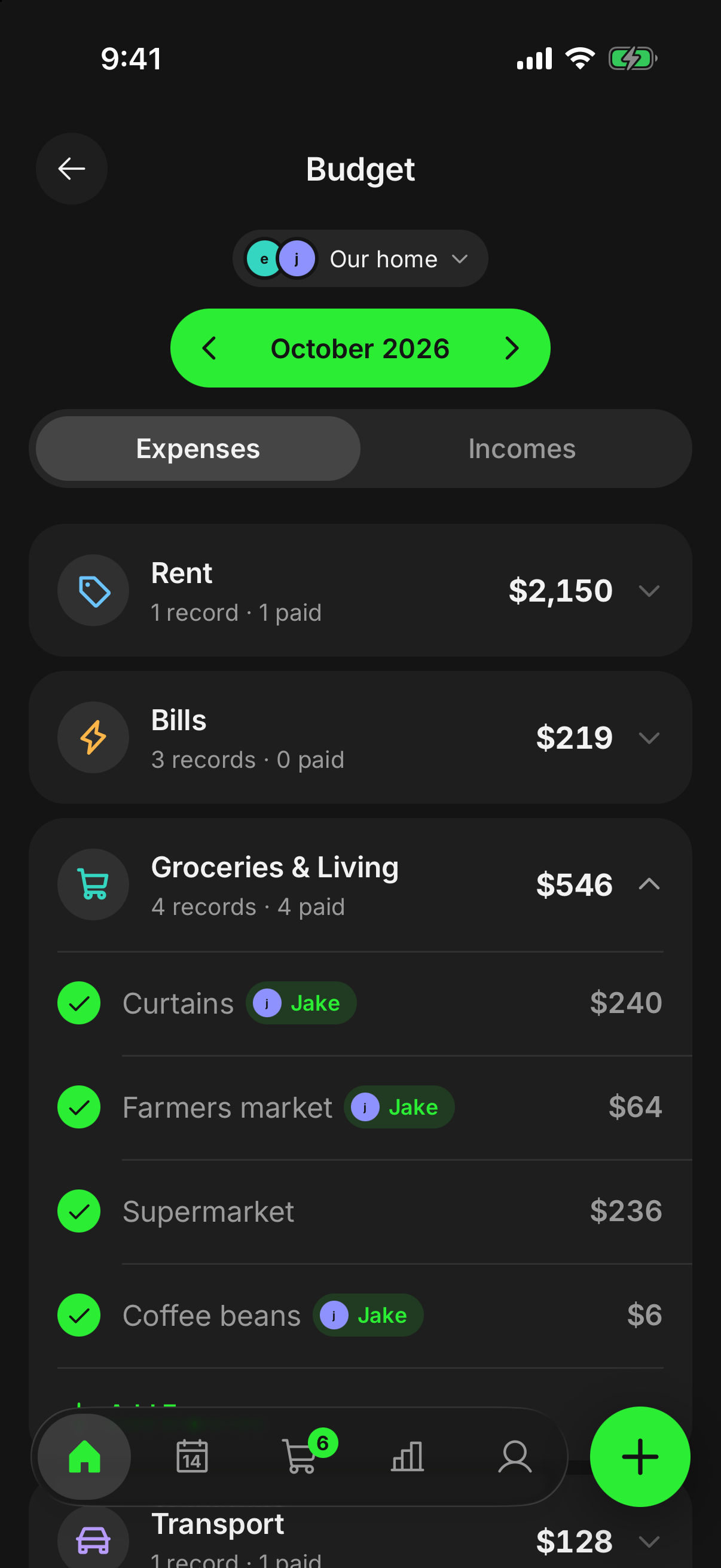 A shared budget in finwe, planned by category.
