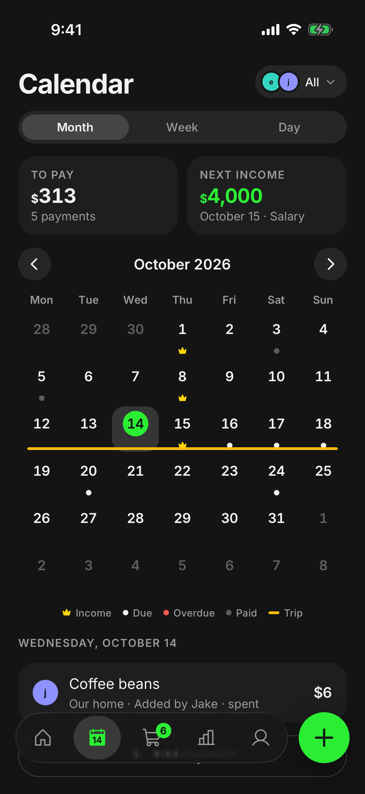 The finwe calendar with the month’s payments and paydays.