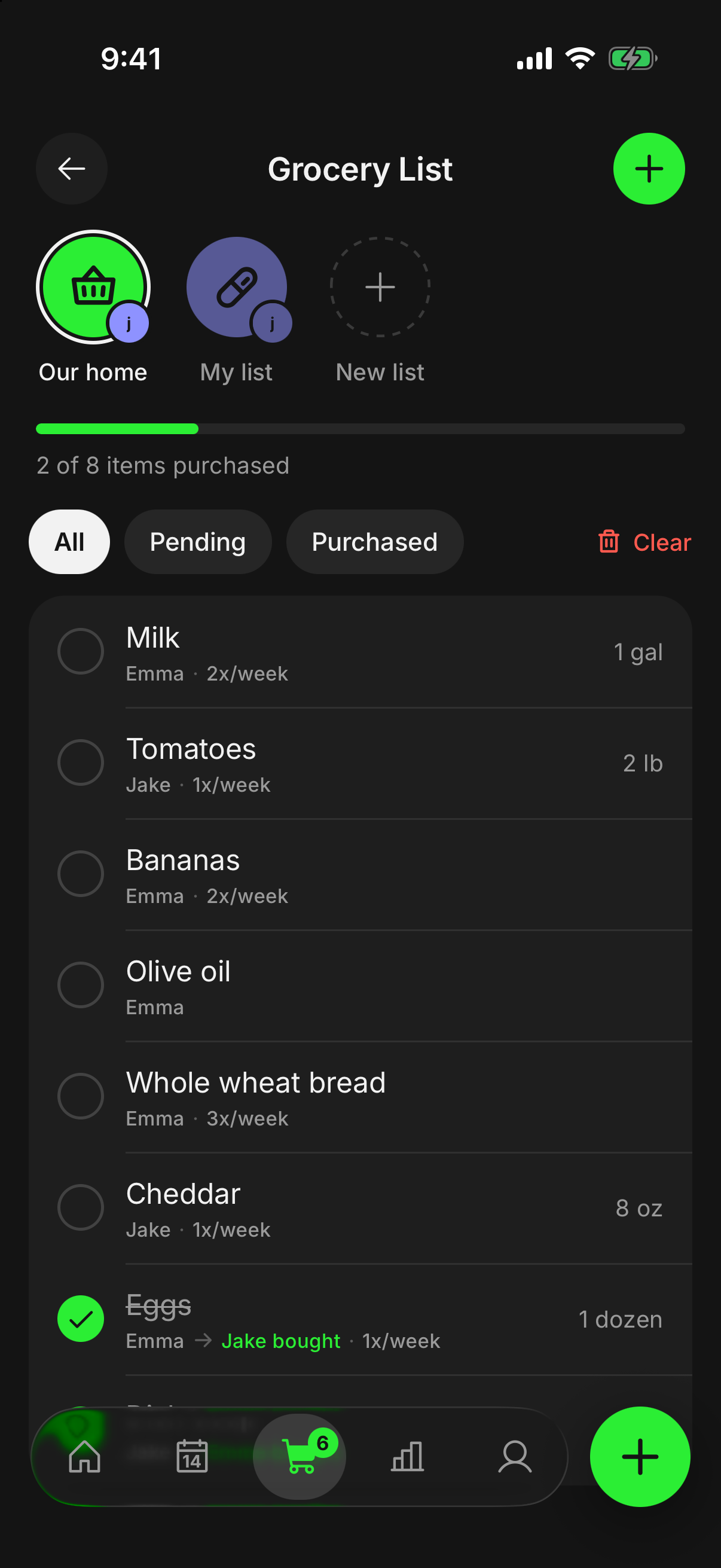 A shared grocery list in finwe with items already ticked off.