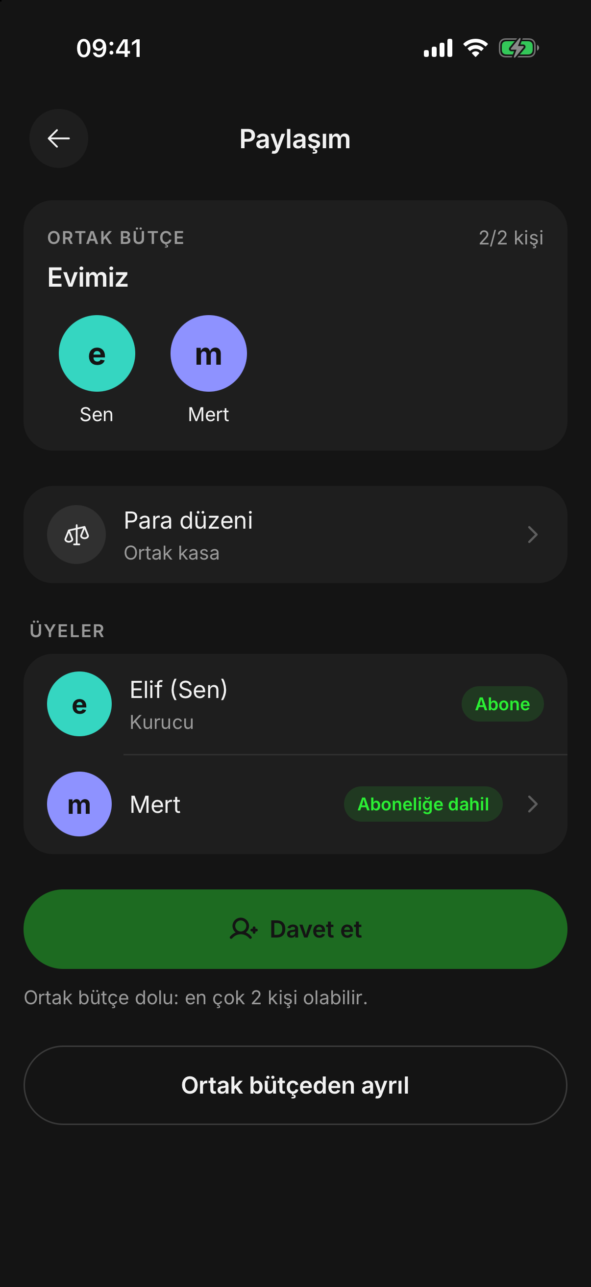 finwe’de ortak bütçenin üyeleri, rolleri ve abonelik durumları.