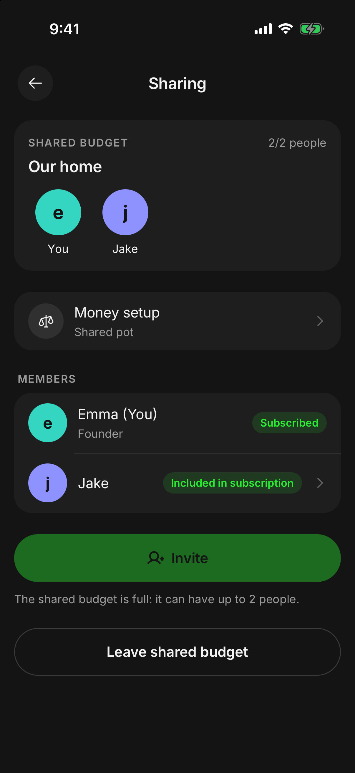 Members of a shared budget in finwe with their roles and subscription status.