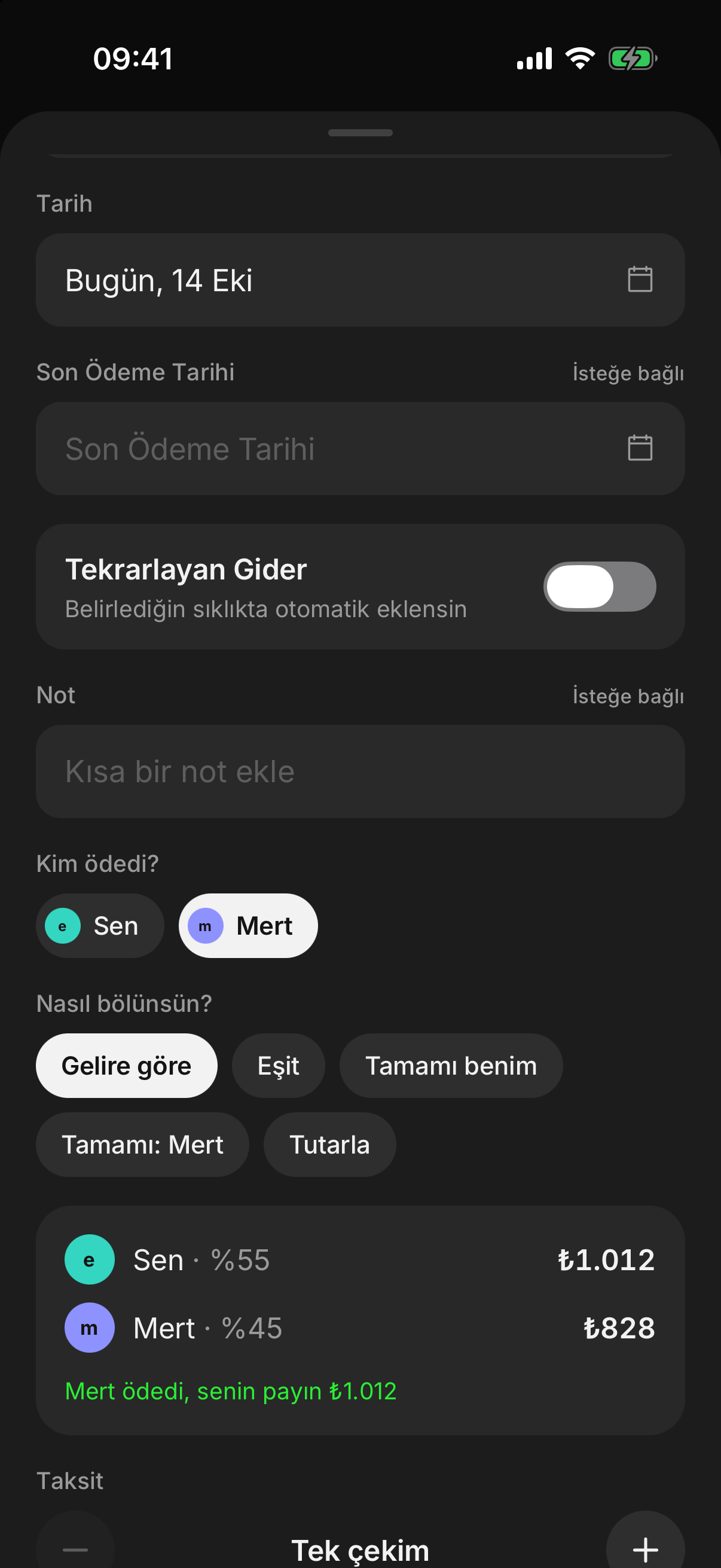 finwe’de gider eklerken kim ödedi ve nasıl bölünsün seçimi.