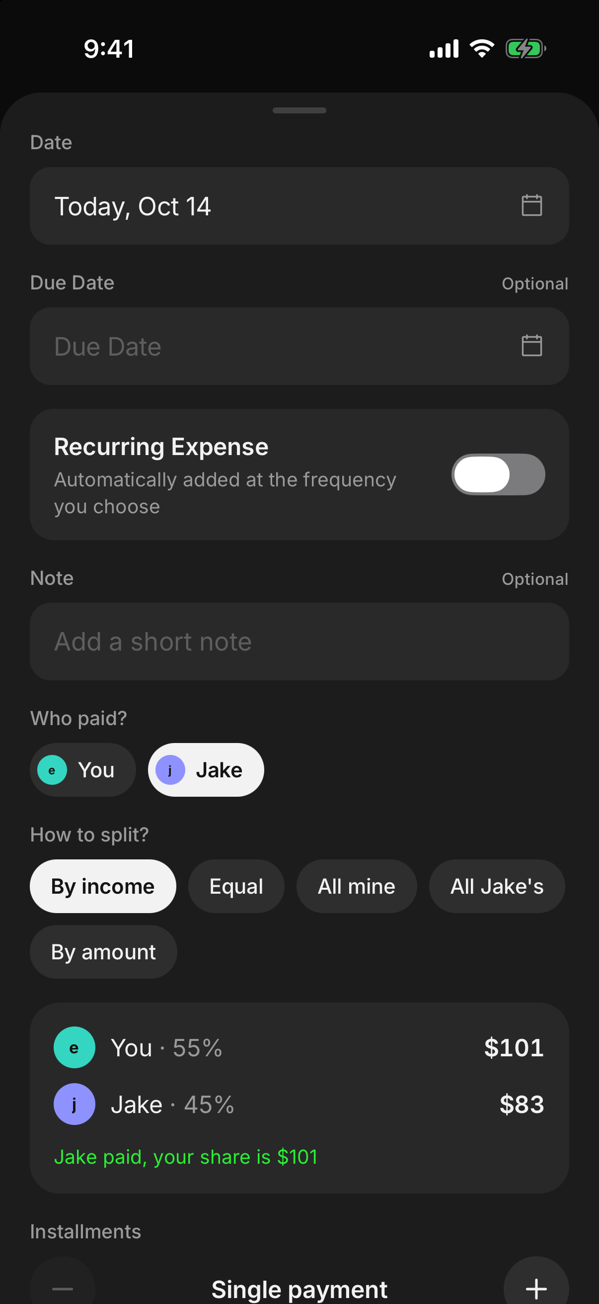Choosing who paid and how to split while adding an expense in finwe.