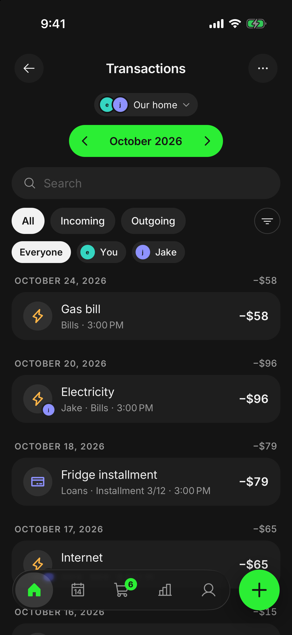 The month’s transactions in finwe, with who added each one.