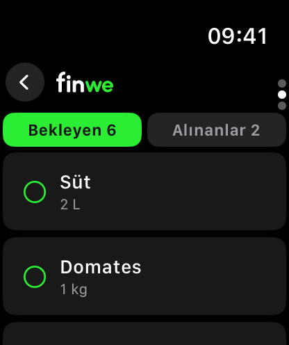Apple Watch’ta finwe market listesi.